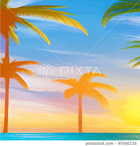 miami beach with palm trees at sunset .Tropical landscape with sunny sky, palm trees on the beach. silhouette of palm trees on the sunset beach miami beach with palm trees at sunset .Tropical landscape with sunny sky, palm trees on the beach. silhouette of palm trees on the sunset beach 95080238
