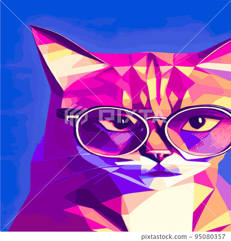 Hand drawn portrait of a cat in a geometric polygon with sunglasses. Vector isolated elements. Cat with glasses. Print design, kids t-shirt print 95080357