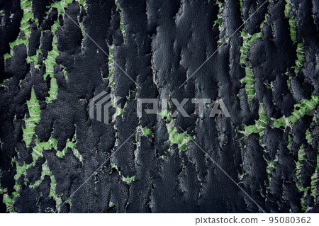 Close-Up of Black Old Cracked Leatherette. Surface Background of Grunge Imitation Leather Chair or Sofa. Show Sponge inside 95080362