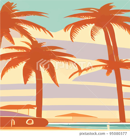 Vintage palm trees beach. Abstract background with sunny gradient. Palm trees silhouettes. Vector design template for logo Summer vacation. Sunset with palm trees colored background 95080377