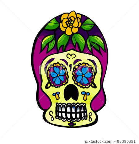 Human skull with a variety of drawn in tattoo style. Isolated on a pastel background. Day of Remembrance Dead. Sugar skull. Traditional symbol of the Day of the Dead. vintage vector illustration  95080381