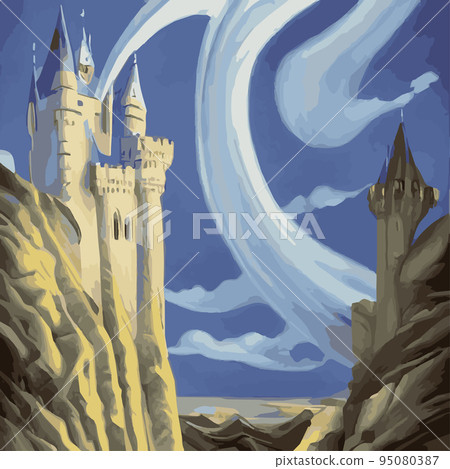 Gothic castle behind the gates in the moonlight scary building with ghosts Halloween festive concept flat vector illustration .Silhouette of fantasy fairy tale cathedral .Medieval architecture. 95080387