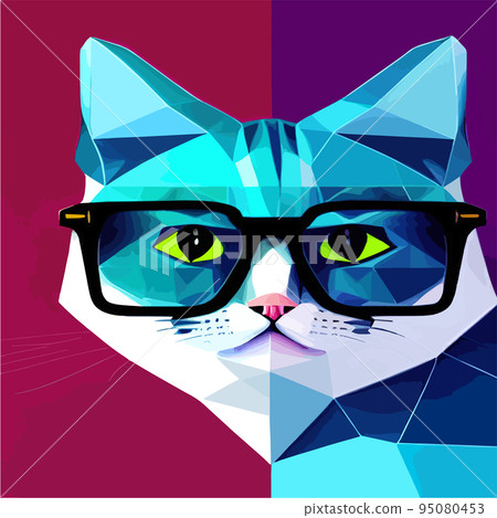 Hand drawn portrait of a cat in a geometric polygon with sunglasses. Vector isolated elements. Cat with glasses. Print design, kids t-shirt print 95080453