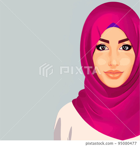 portraits. Young arab business woman in hijab. The face of a Muslim girl is covered with a scarf. Vector illustration. Happy International Women's Day. Portrait of Asian Muslim Woman 95080477
