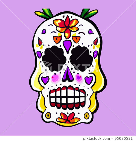 Human skull with a variety of drawn in tattoo style. Isolated on a pastel background. Day of Remembrance Dead. Sugar skull. Traditional symbol of the Day of the Dead. vintage vector illustration Human skull with a variety of drawn in tattoo style. Isolated on a pastel background. Day of Remembrance Dead. Sugar skull. Traditional symbol of the Day of the Dead. vintage vector illustration 95080551