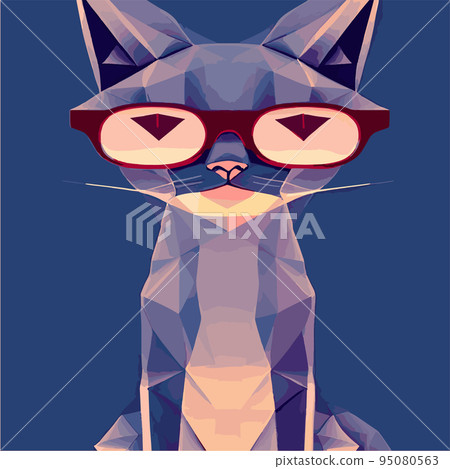 Hand drawn portrait of a cat in a geometric polygon with sunglasses. Vector isolated elements. Cat with glasses. Print design, kids t-shirt print Hand drawn portrait of a cat in a geometric polygon with sunglasses. Vector isolated elements. Cat with glasses. Print design, kids t-shirt print 95080563