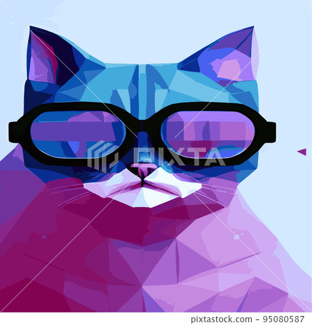 Hand drawn portrait of a cat in a geometric polygon with sunglasses. Vector isolated elements. Cat with glasses. Print design, kids t-shirt print Hand drawn portrait of a cat in a geometric polygon with sunglasses. Vector isolated elements. Cat with glasses. Print design, kids t-shirt print 95080587