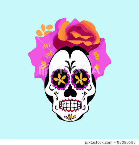 Human skull with a variety of drawn in tattoo style. Isolated on a pastel background. Day of Remembrance Dead. Sugar skull. Traditional symbol of the Day of the Dead. vintage vector illustration  95080595