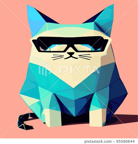 Hand drawn portrait of a cat in a geometric polygon with sunglasses. Vector isolated elements. Cat with glasses. Print design, kids t-shirt print Hand drawn portrait of a cat in a geometric polygon with sunglasses. Vector isolated elements. Cat with glasses. Print design, kids t-shirt print 95080644