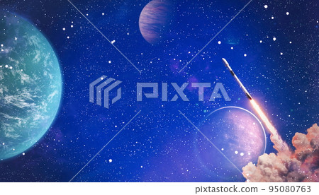rockets launch into space on the starry sky. spacecraft flies into space with clouds of smoke. Elements of this image furnished by NASA 95080763