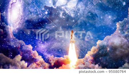 rockets launch into space on the starry sky. spacecraft flies into space with clouds of smoke. Elements of this image furnished by NASA 95080764