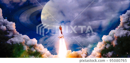 rockets launch into space on the starry sky. spacecraft flies into space with clouds of smoke. Elements of this image furnished by NASA rockets launch into space on the starry sky. spacecraft flies into space with clouds of smoke. Elements of this image furnished by NASA 95080765