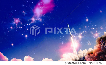 rockets launch into space on the starry sky. spacecraft flies into space with clouds of smoke. Elements of this image furnished by NASA rockets launch into space on the starry sky. spacecraft flies into space with clouds of smoke. Elements of this image furnished by NASA 95080766