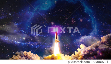 rockets launch into space on the starry sky. spacecraft flies into space with clouds of smoke. Elements of this image furnished by NASA 95080791