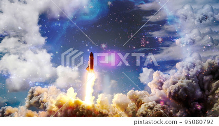 rockets launch into space on the starry sky. spacecraft flies into space with clouds of smoke. Elements of this image furnished by NASA 95080792