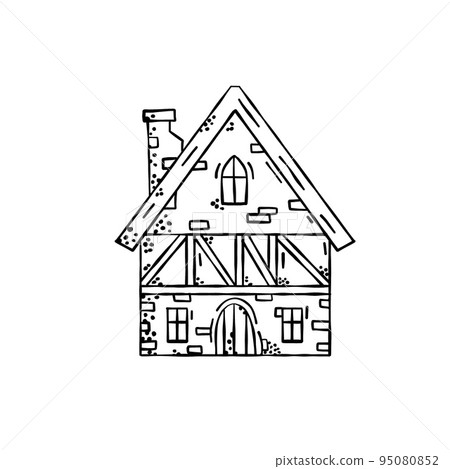 European Medieval house. Village building. Old house with chimney. Cartoon retro illustration. European Medieval house. Village building. Old house with chimney. Cartoon retro illustration. 95080852