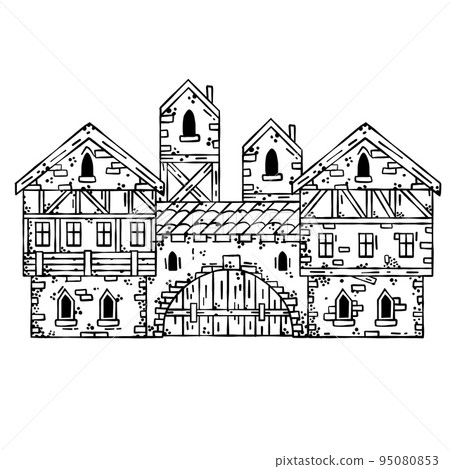 Old medieval castle with gate. European cartoon city. Fairy tale fortress with tower. Wooden German houses and street. Old medieval castle with gate. European cartoon city. Fairy tale fortress with tower. Wooden German houses and street. 95080853