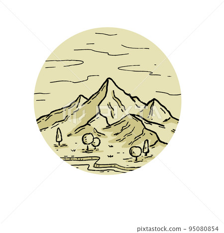 Mountains with forest in engraving style. Logo of highlands landscape and peak in circle. Hand drawn design. Rocky ridge. Mountains with forest in engraving style. Logo of highlands landscape and peak in circle. Hand drawn design. Rocky ridge. 95080854