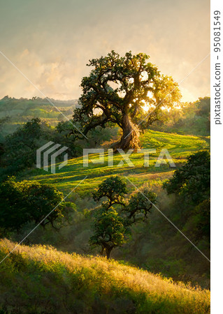 Illustration of beautiful landscape with oak tree Illustration of beautiful landscape with oak tree 95081549