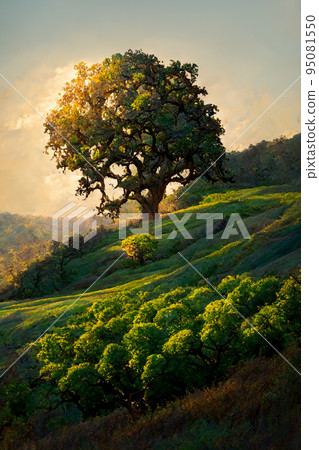 Illustration of beautiful landscape with oak tree Illustration of beautiful landscape with oak tree 95081550