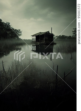 Illustration of creepy cabin on the swamp 95081572