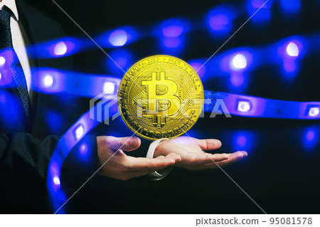 Cryptocurrency concept , Golden bitcoin on mainboard , The future of money. Computational equipment. Cryptocurrency concept , Golden bitcoin on mainboard , The future of money. Computational equipment. 95081578
