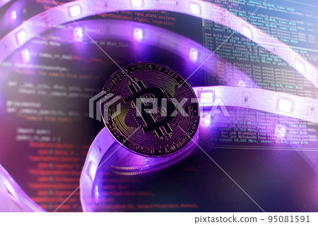 Cryptocurrency concept , Golden bitcoin on mainboard , The future of money. Computational equipment. 95081591