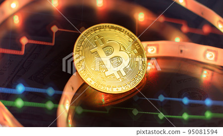 Cryptocurrency concept , Golden bitcoin on mainboard , The future of money. Computational equipment. Cryptocurrency concept , Golden bitcoin on mainboard , The future of money. Computational equipment. 95081594