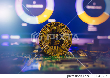 Cryptocurrency concept , Golden bitcoin on mainboard , The future of money. Computational equipment. Cryptocurrency concept , Golden bitcoin on mainboard , The future of money. Computational equipment. 95081604