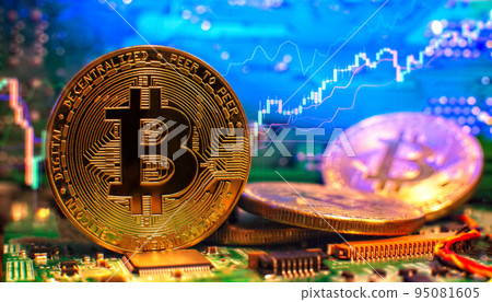 Cryptocurrency concept , Golden bitcoin on mainboard , The future of money. Computational equipment. Cryptocurrency concept , Golden bitcoin on mainboard , The future of money. Computational equipment. 95081605