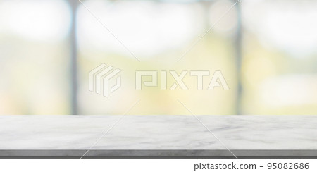 marble table top with blurred kitchen cafe restaurant interior background 95082686