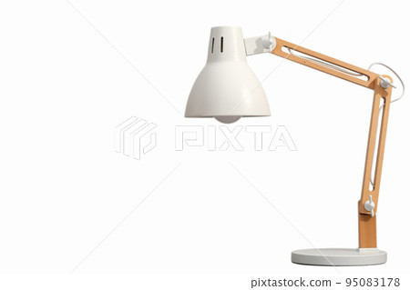 White Desk lamp with wooden stand isolated. Design element. Lighting for room, workplace. 95083178