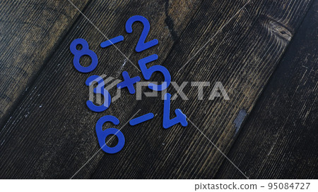 Task in mathematics. Mathematics problem for children. Simple algebra examples using numbers and signs from plastic numbers on a wooden background. 95084727