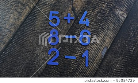 Task in mathematics. Mathematics problem for children. Simple algebra examples using numbers and signs from plastic numbers on a wooden background. 95084729