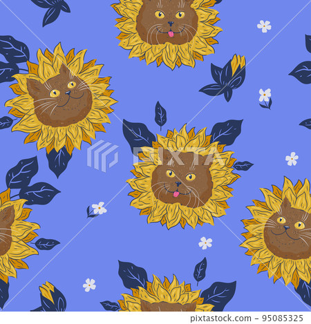 Seamless pattern with cat faces and flowers. Vector graphics. 95085325
