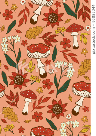 Seamless pattern with fly agaric, leaves and flowers. Vector graphics. 95085344