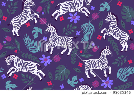 Seamless pattern with zebras and flowers. Vector graphics. 95085346