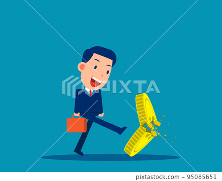 A business person kicking a coin. Worthless coins 95085651