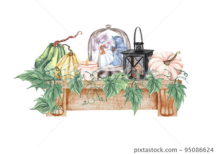 Watercolor fireplace with pumpkin decor. Fall pumpkin and flowers arrangement in rustic style. Rust and burnt orange flowers, fall foliage and leaves bouquet. Autumn Fireplace 95086624