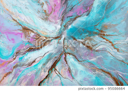 Beautiful light blue painting background. Liquid, fluid art pattern. Original simulation of depth ocean and the sea surface. Modern design. Drawing by alcohol ink, paints. Tender multicolor artwork. 95086664