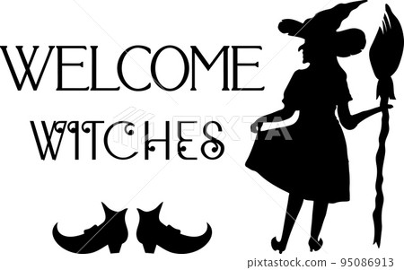 Typographic poster Halloween funny quote Welcome Witch with silhouette of witch woman, shoes, hat, broom Typographic poster Halloween funny quote Welcome Witch with silhouette of witch woman, shoes, hat, broom 95086913