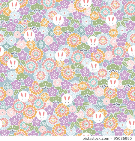日本圖案-菊花、竹子、李子和兔子的無縫圖案。紡織品、壁紙、包裝紙的設計。 日本圖案-菊花、竹子、李子和兔子的無縫圖案。紡織品、壁紙、包裝紙的設計。 95086990