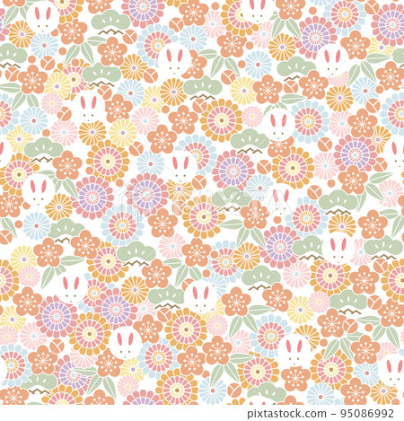Japanese pattern - seamless pattern with chrysanthemums, bamboo, plums and rabbits. Design for textiles, wallpaper, wrapping paper. 95086992