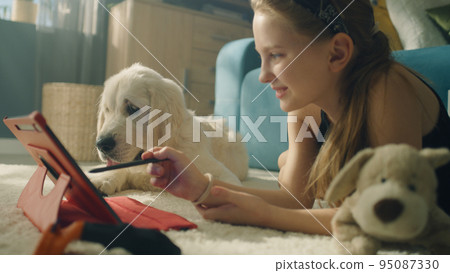 Young girl playing with dog 95087330