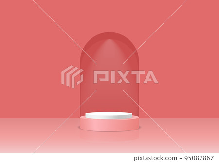 3d background products have round red and white spheres on top for displaying products. The background is a curved shape. The product stand has a flashlight coming down. Emphasis on elegance 3d background products have round red and white spheres on top for displaying products. The background is a curved shape. The product stand has a flashlight coming down. Emphasis on elegance 95087867