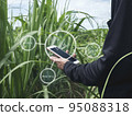 Smart Farming Concept. The man farmer is using his mobile phone with Smart farmer agriculture technology to control the quality of the farm. Icons show on the smartphone display. 95088318