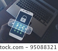 Cybersecurity essentials on smartphones. Digital cyber crime by anonymous hackers. digital technology crime, Men hand holding a phone on a laptop with 3d icons password for personal data security 95088321