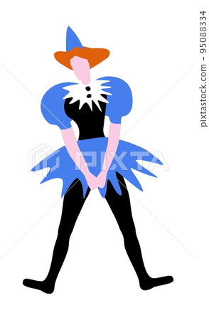 Sad red-haired clowness in blue gress and clown hat. Sad red-haired clowness in blue gress and clown hat. 95088334