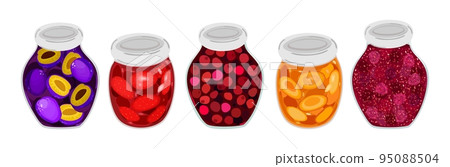 Vector collection of various jams, plum, strawberry, cherry, apricot and raspberry, in glass jars. 95088504
