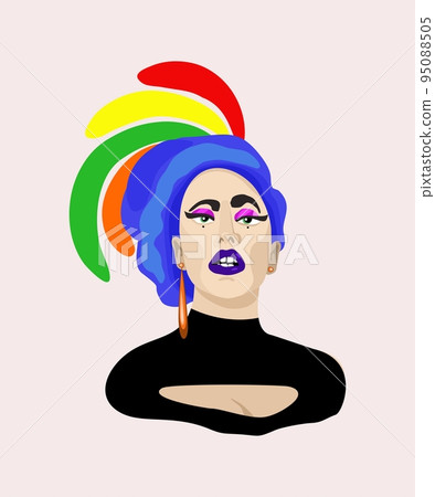Young woman with blue hair and colorful feathers in her hair. Expressive vector illustration. Cabaret concept. Young woman with blue hair and colorful feathers in her hair. Expressive vector illustration. Cabaret concept. 95088505